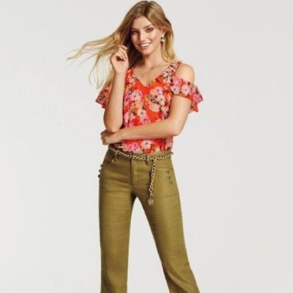 CAbi 5352 Lush Red Pink Floral Cold Shoulder Flutter Sleeve Blouse Women's Small - Picture 2 of 7